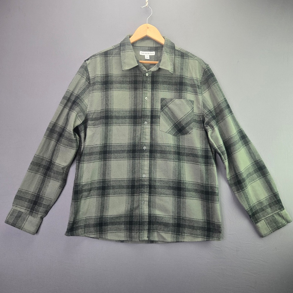 AND NOW THIS Flannel Shirt Plaid Button Up Size L Green Black Long Sleeve Pocket